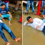 कानपुर पार्षद गंदे पानी में प्रदर्शन