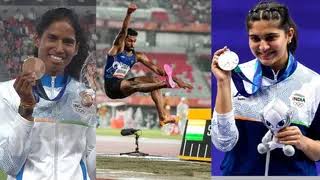 एशियन गेम्स में पदक जीतने वाले भारतीय खिलाड़ी यशवीर सिंह, रोहित यादव, मुरली श्रीशंकर और ईशा सिंह